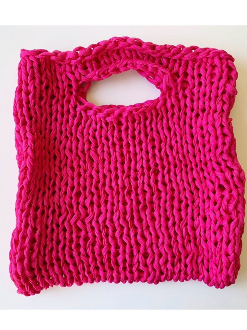 Bright Pink Hand-Knit Women's Tote Bag with Integrated Handles